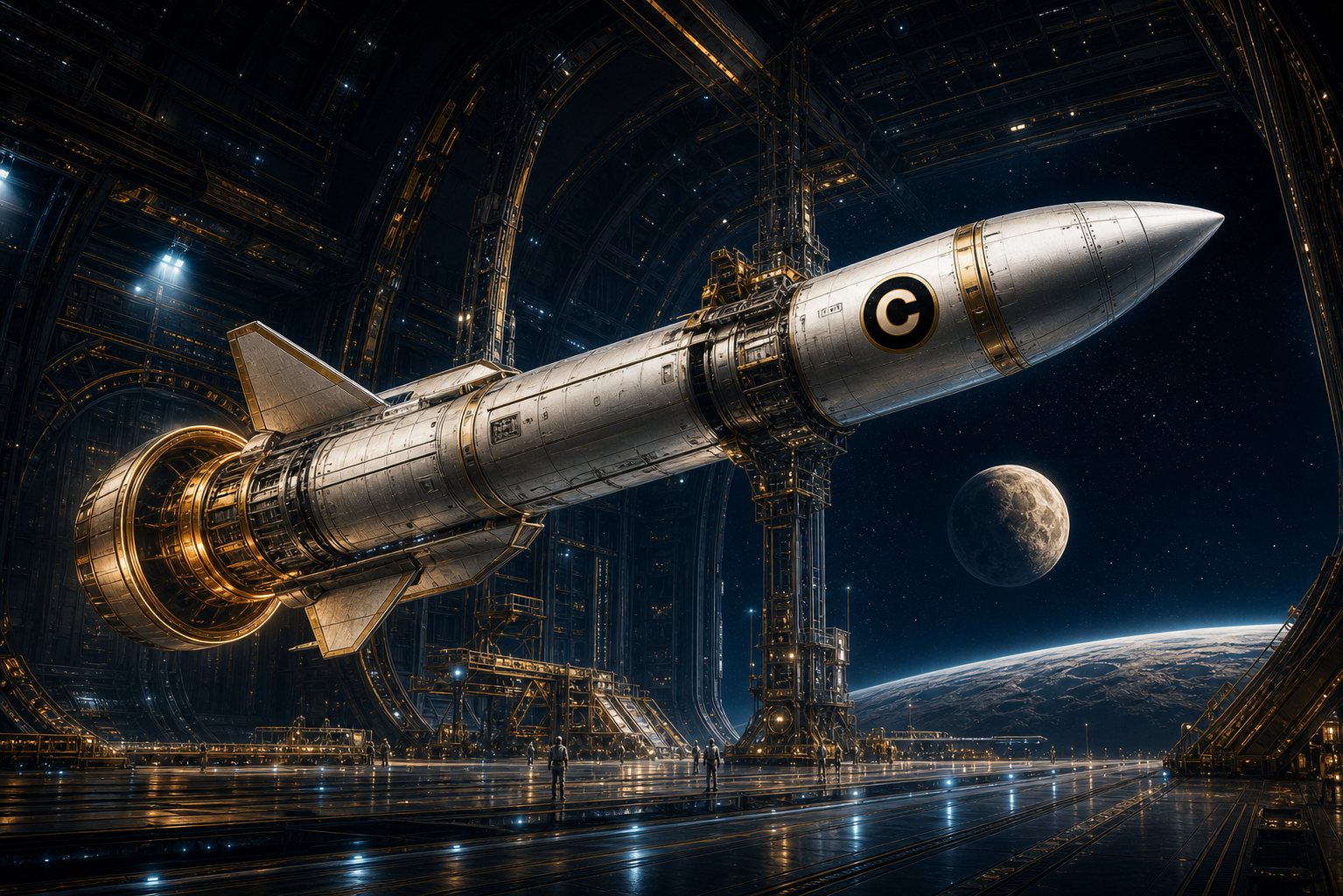Cate-1 interplanetary rocket inside an orbital hangar