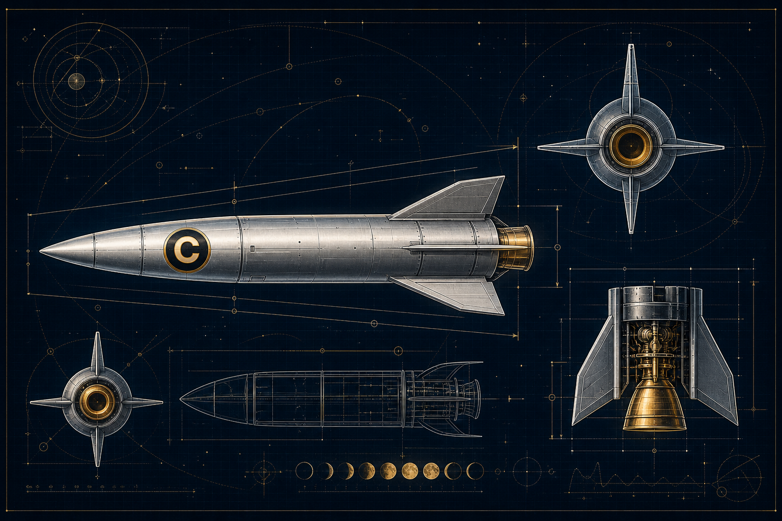 Technical concept blueprint of the Cate-1 silver rocket